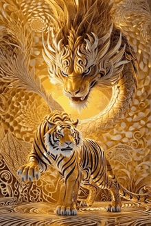 a painting of a tiger and a dragon on a gold background .