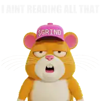 a stuffed animal with a pink hat that says grind