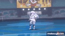 a cartoon character is standing in front of a large sign in a stadium .