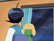 a couple of cartoon characters looking out of a window