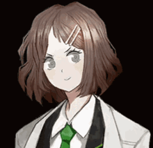 a girl with brown hair and a green tie