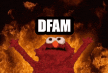 elmo is surrounded by flames and has the word dfam above his head