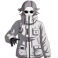 a black and white drawing of a person wearing a jacket that says hbdd