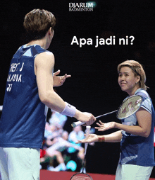 a poster for diarum badminton shows two players talking to each other