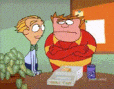 two cartoon characters are standing next to each other in front of a box of spinach