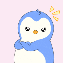 a blue and white penguin with an orange beak is standing with its arms crossed