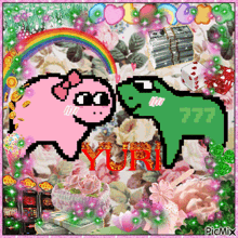 a picture of a pink pig and a green frog with the name yuri
