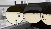 three cartoon characters are standing in a bathroom and one has a phone in his mouth