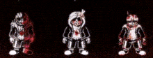 a cartoon character with wings is holding a sword and a knife in a dark room .