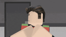 a cartoon character is sitting in front of a door and looking at something