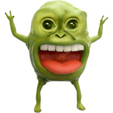a green cartoon character with arms and legs and a big mouth