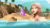 a girl in a bikini is standing in the water looking at a seal