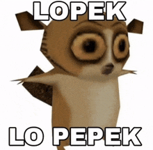 a 3d cartoon of a meerkat with the words lopek lo pepek written on it .