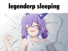 a girl with purple hair is laying on a bed with the words " legenderp sleeping " below her