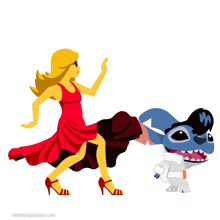a woman in a red dress is dancing with a stitch