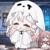 a drawing of a girl with a ghost hood on her head