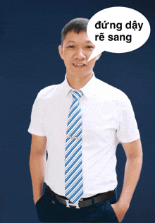 a man wearing a white shirt and blue tie has a speech bubble above his head that says " dùng dây re sang "