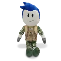 a stuffed toy with blue hair is wearing a camo outfit and a vest that says hd