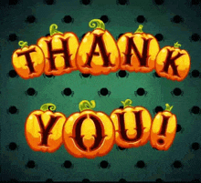 a thank you card with pumpkins and spiders on a green background .