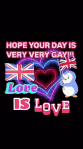 a penguin holding an umbrella in front of a heart with the words hope your day is very very gay love is love