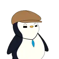 a penguin wearing a hat is asking the question " what ? "