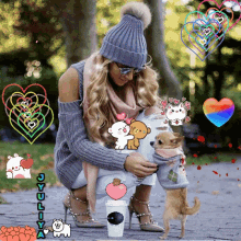 a woman is kneeling down with a small dog and a cup of coffee surrounded by hearts and stickers that say julia