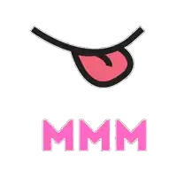 a cartoon mouth with a tongue sticking out and the word mmmm in pink