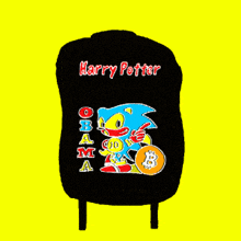 a black backpack with harry potter obama and sonic on the front
