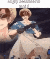 a woman in a white dress is holding a gun in front of a man in a blue shirt .