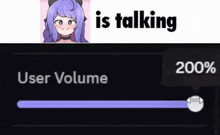 a cartoon girl with purple hair is talking with a user volume slider .