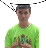 a young man wearing a green shirt with a speech bubble above his head