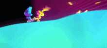 a couple of cartoon characters are standing on top of a blue block .