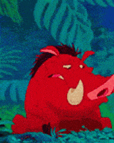 a cartoon character from the lion king is laughing with his mouth wide open .