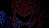 a close up of a pink haired anime girl with headphones on .
