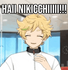 a yellow haired anime boy is smiling and holding a cigarette .