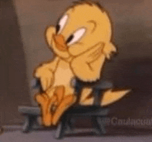 a cartoon duck is sitting on a bench with his feet up .