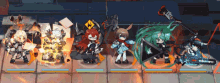 a group of anime characters are standing next to each other on a tile floor