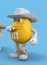a yellow m&m wearing a white cowboy hat is dancing