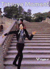 a man is standing on a set of stairs with the words " tatsuya moment " written above him