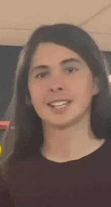 a close up of a woman 's face with long hair .