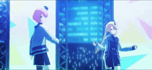 two anime characters are standing next to each other in front of a building