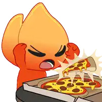 a cartoon character eating a slice of pepperoni pizza