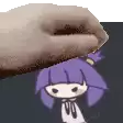 a hand is reaching out to touch a cartoon girl with purple hair .