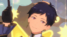 a boy with purple eyes and a cross on his ear is pointing up