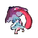 a pixel art illustration of a girl holding an umbrella with a long tongue sticking out of it .