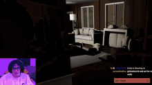 a man playing a video game with a purple background and a purple nike shirt