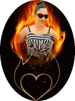 a woman in a striped top is surrounded by fire