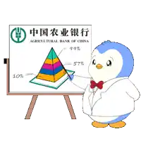 a penguin is standing in front of a board that says ' agricultural bank of china ' on it