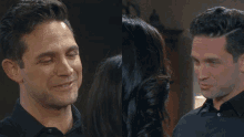 a man and a woman are looking at each other