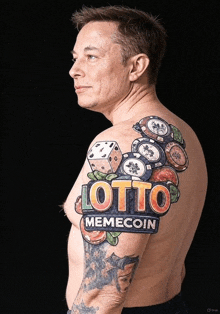 a shirtless man has a tattoo of lotto memecoin on his arm